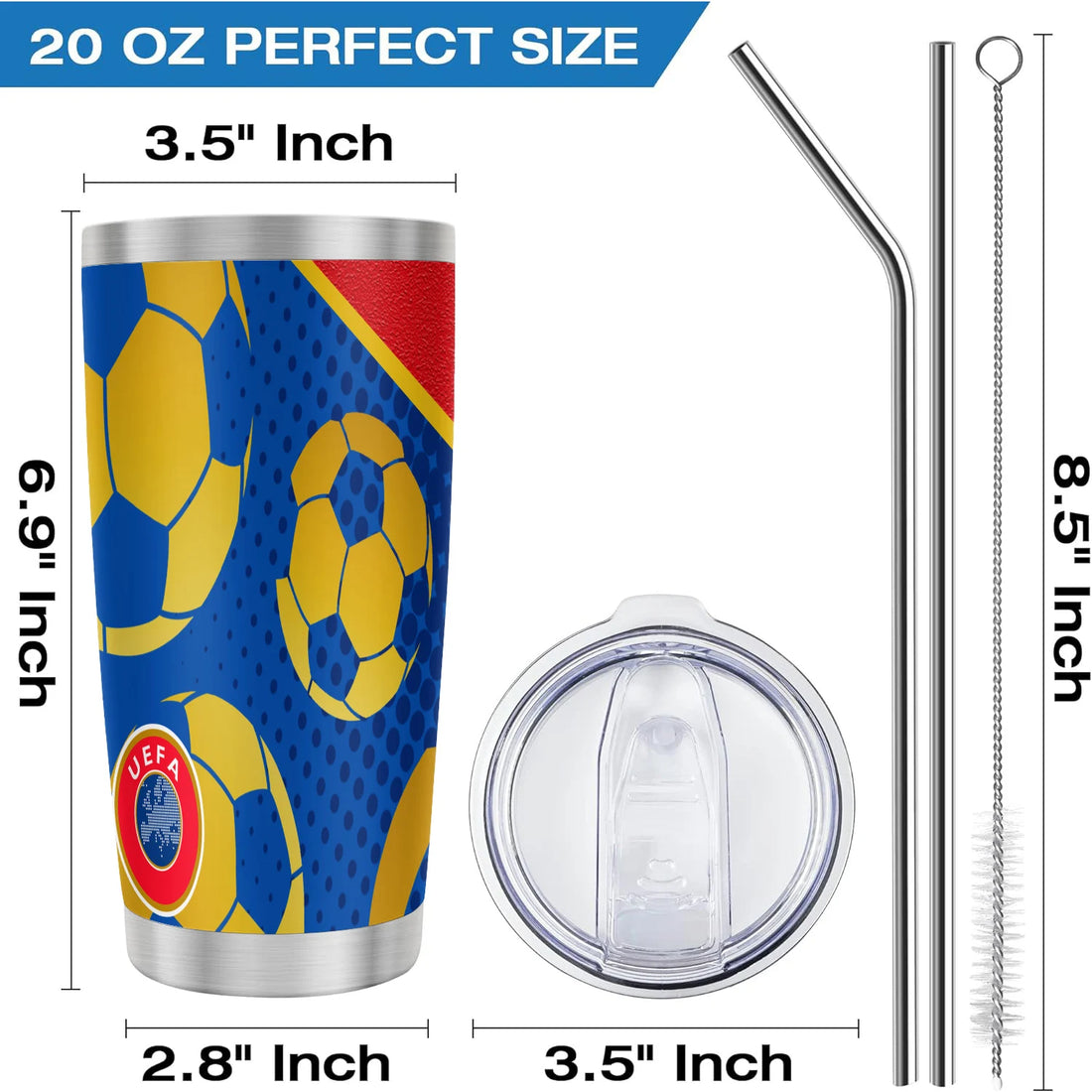 20oz EU Football Clubs Vacuum Tumbler cup Stainless Steel Double Insulated Water Bottle with Straw for Hot Cold Drink soccer fan