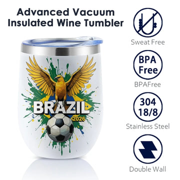 Famous Brazil Football Vacuum Flasks 12oz Insulated Wine Tumbler w/ Lid Double Wall Vacuum Cup Hot Cold Sport Travel Mug